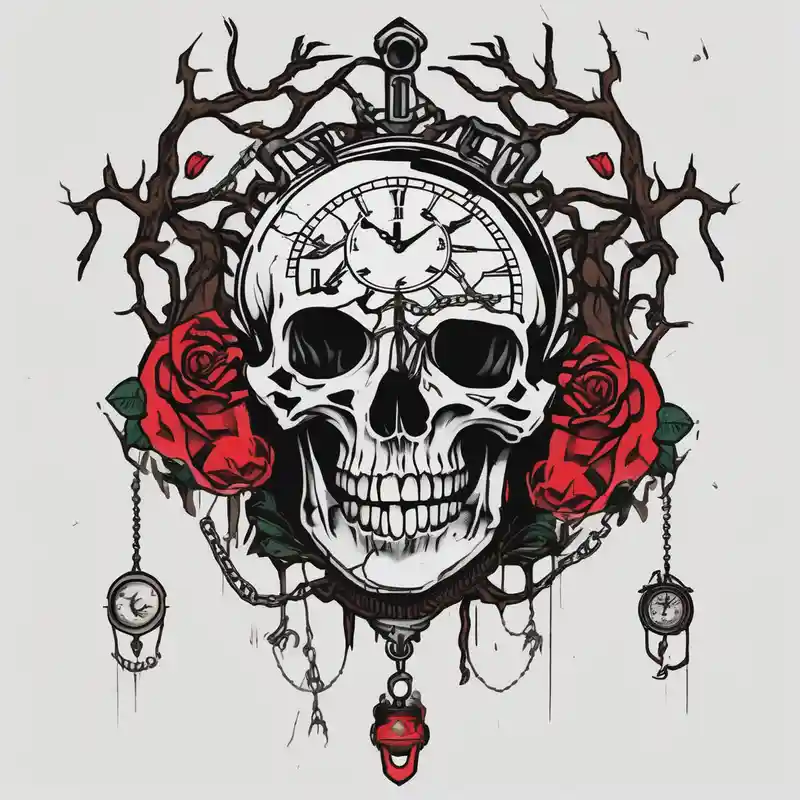 tattoo fool sleeve, tree roots break out of the chains at the bottom of the hand, broken mask, Clock with flying numbers – Minimalista, Colores vivos